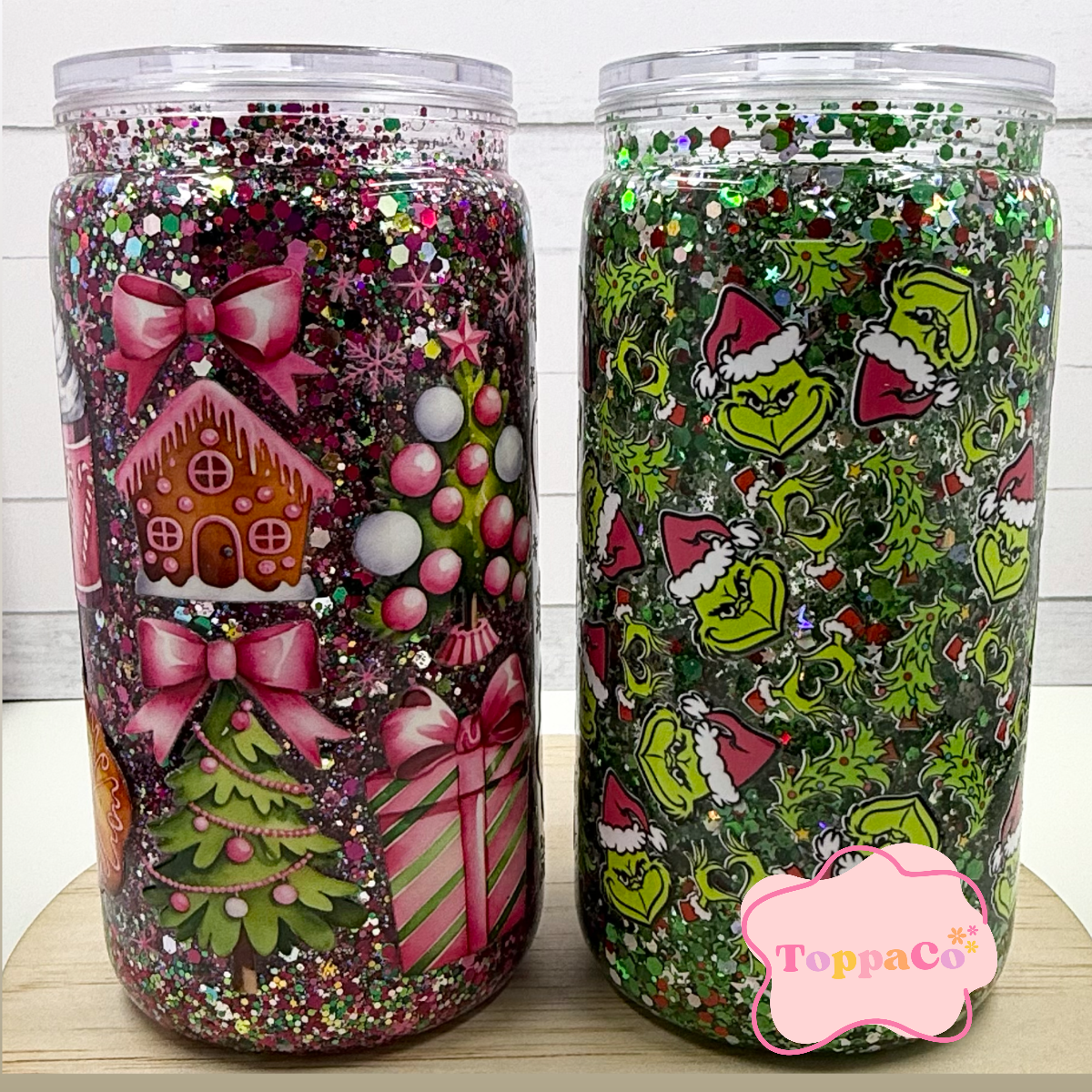 16oz Acrylic Tumbler - GINGERBREAD HOUSE PINK - Left Side Photo
