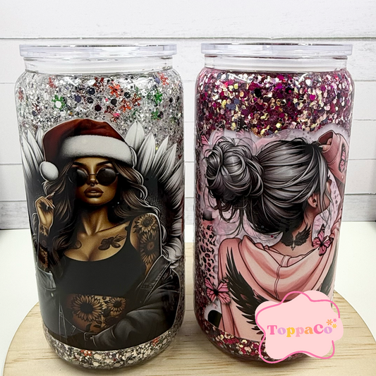 16oz Glass Tumbler - TATTOO GIRL PINK - Right Side Photo