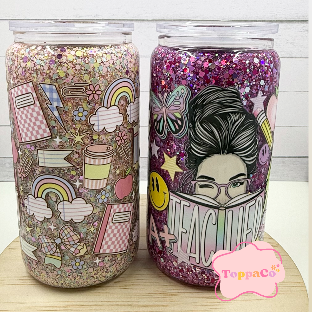 16oz Glass Tumbler - TEACHER CLIP ART - Left Side Photo