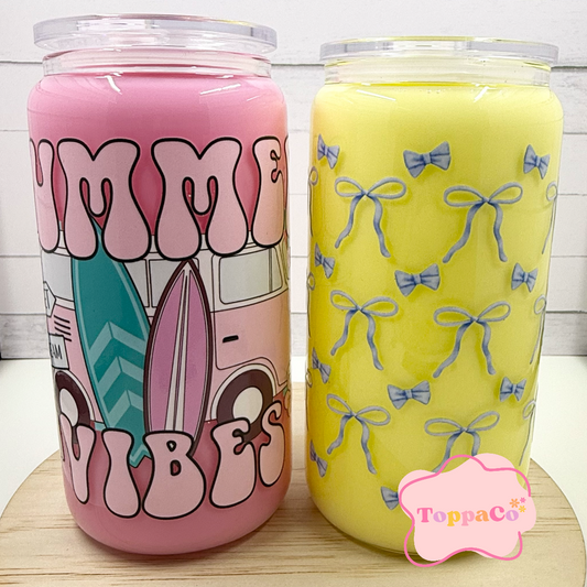 16oz Glass Tumbler - BLUE BOW MILKSHAKE - Right Side Photo
